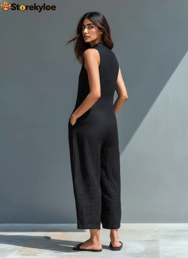 Women’s Minimalist Linen Blend Button-up Stand-collar Sleeveless Loose Jumpsuit