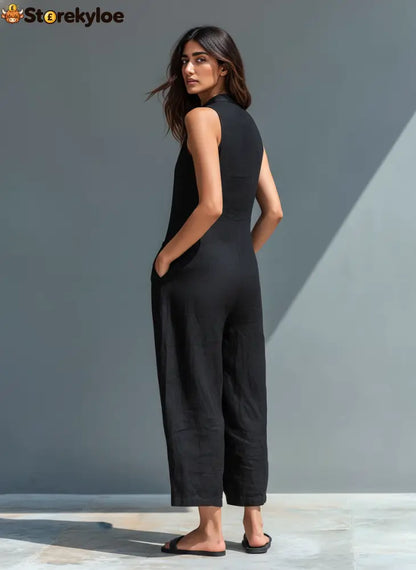 Women’s Minimalist Linen Blend Button-up Stand-collar Sleeveless Loose Jumpsuit