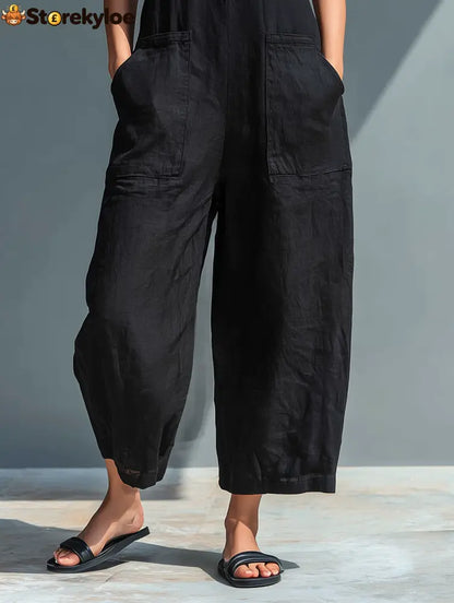 Women’s Minimalist Linen Blend Button-up Stand-collar Sleeveless Loose Jumpsuit