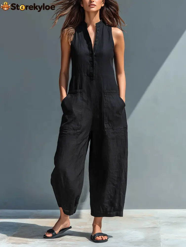 Women’s Minimalist Linen Blend Button-up Stand-collar Sleeveless Loose Jumpsuit - Black / S