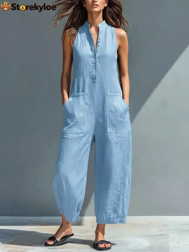 Women’s Minimalist Linen Blend Button-up Stand-collar Sleeveless Loose Jumpsuit - Blue / S