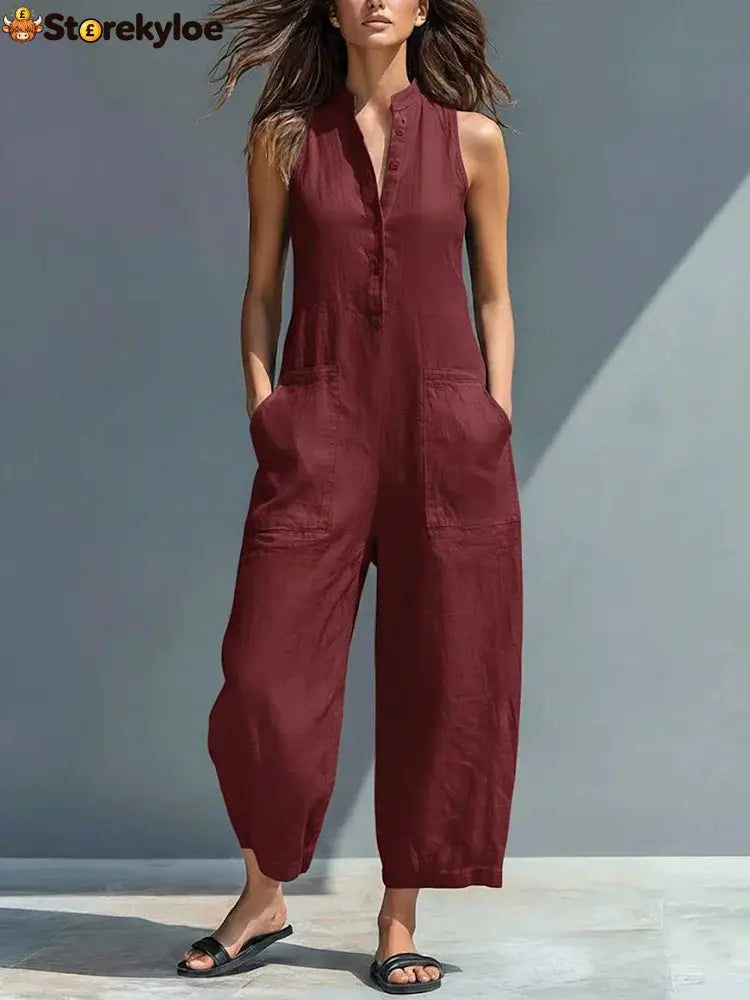 Women’s Minimalist Linen Blend Button-up Stand-collar Sleeveless Loose Jumpsuit - Burgundy / S