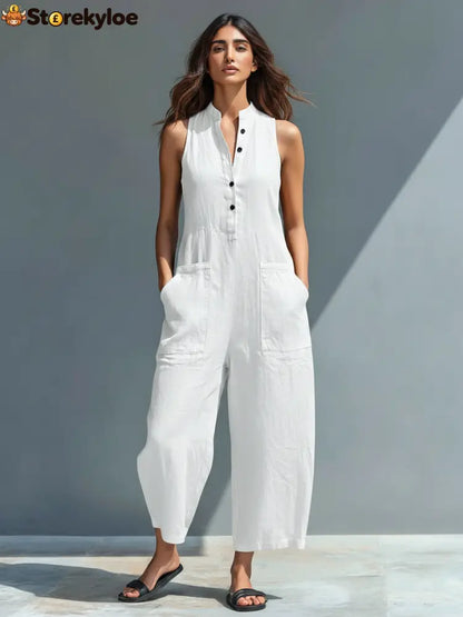 Women’s Minimalist Linen Blend Button-up Stand-collar Sleeveless Loose Jumpsuit - White / S