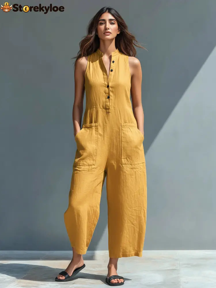 Women’s Minimalist Linen Blend Button-up Stand-collar Sleeveless Loose Jumpsuit - Yellow / S