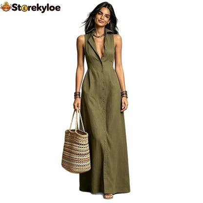 Women’s Minimalist Linen-Blend Collared Single-Breasted Sleeveless Maxi Shirt Dress