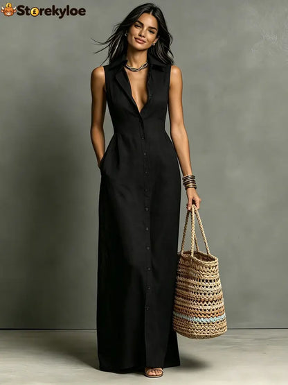 Women’s Minimalist Linen-Blend Collared Single-Breasted Sleeveless Maxi Shirt Dress - Black / XS
