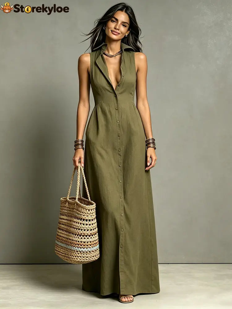 Women’s Minimalist Linen-Blend Collared Single-Breasted Sleeveless Maxi Shirt Dress - Green / XS