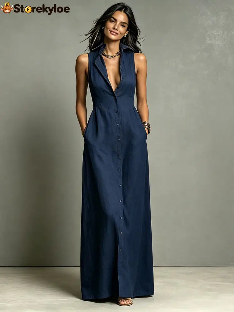 Women’s Minimalist Linen-Blend Collared Single-Breasted Sleeveless Maxi Shirt Dress - Navy blue / XS