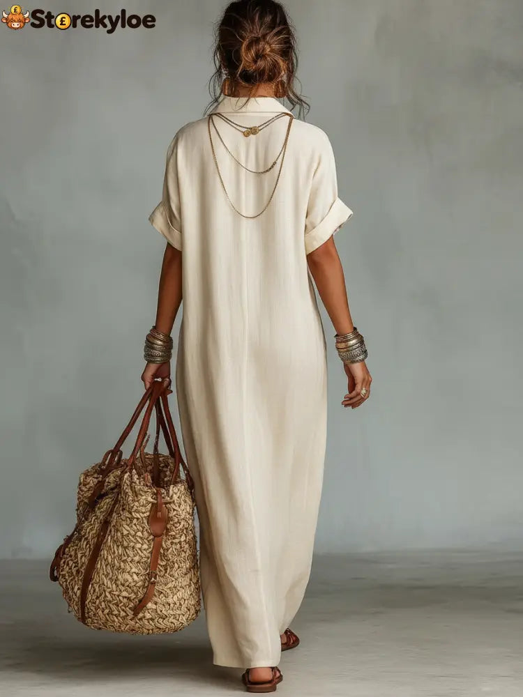 Women’s Minimalist Linen Blend Embroidered Short-sleeved Shirt Maxi Dress