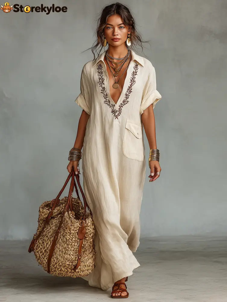 Women’s Minimalist Linen Blend Embroidered Short-sleeved Shirt Maxi Dress