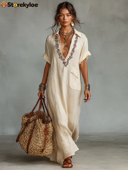 Women’s Minimalist Linen Blend Embroidered Short-sleeved Shirt Maxi Dress