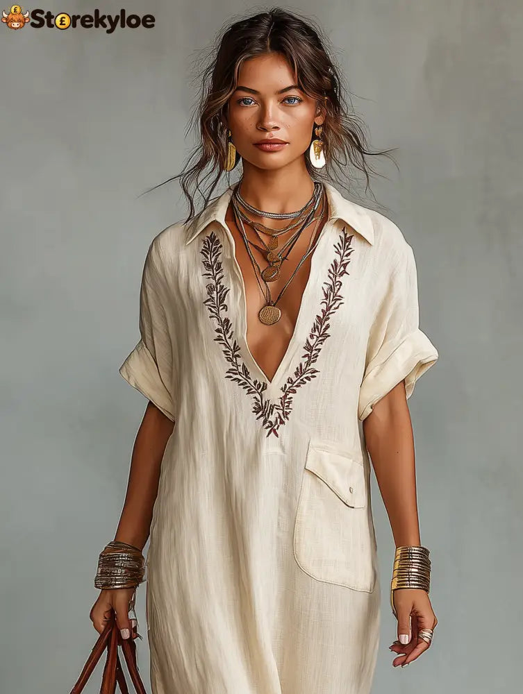 Women’s Minimalist Linen Blend Embroidered Short-sleeved Shirt Maxi Dress