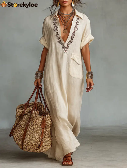 Women’s Minimalist Linen Blend Embroidered Short-sleeved Shirt Maxi Dress - Beige / S