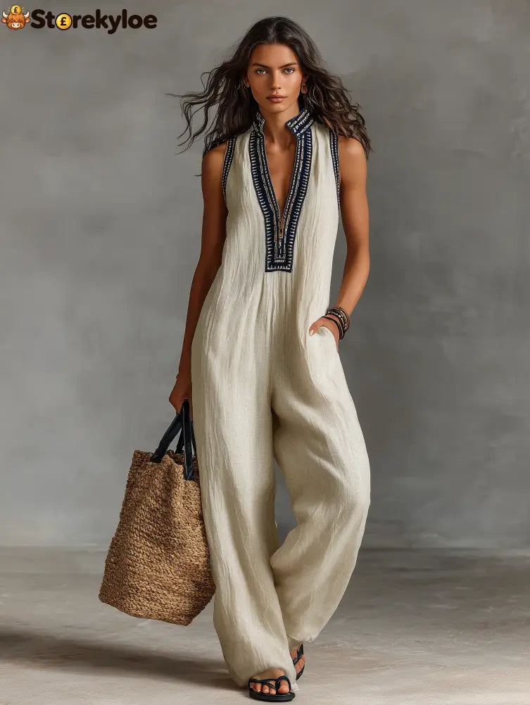 Women’s Minimalist Linen Blend Sleeveless Jumpsuit