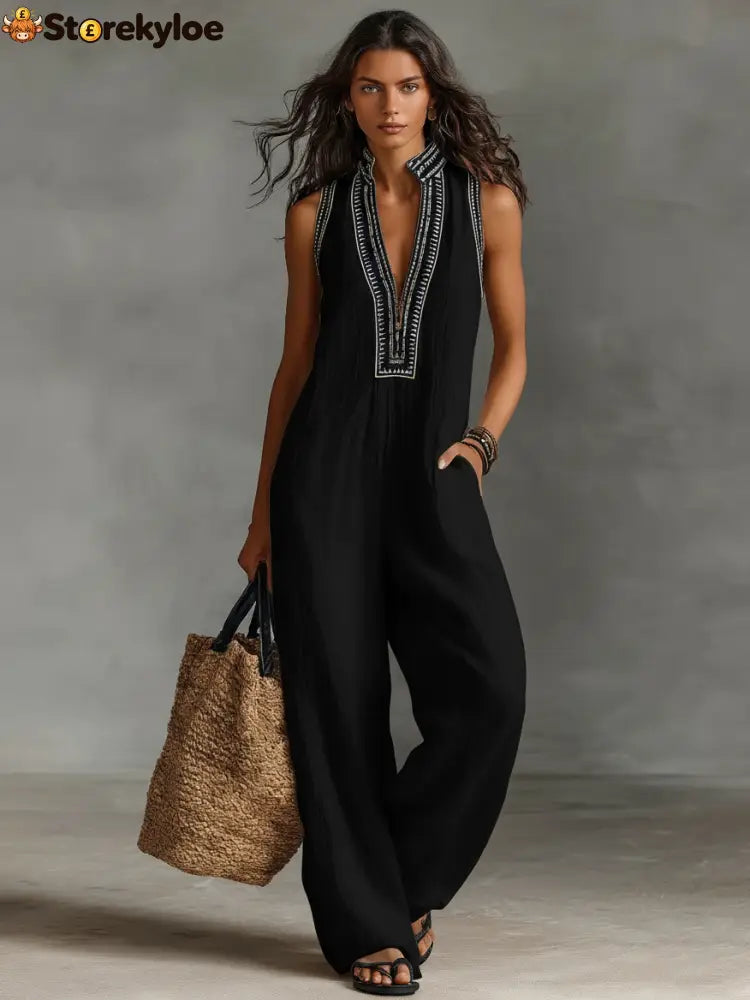 Women’s Minimalist Linen Blend Sleeveless Jumpsuit - Black / S