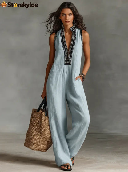 Women’s Minimalist Linen Blend Sleeveless Jumpsuit - Blue / S