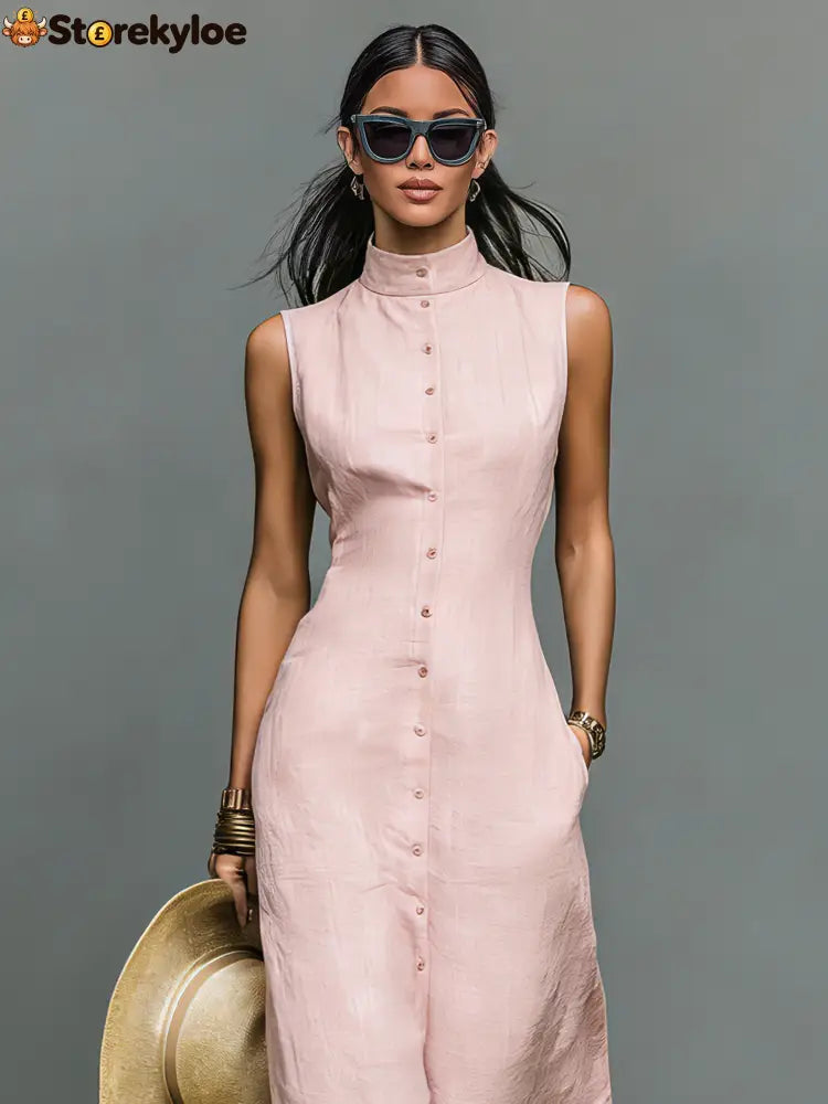Women’s Minimalist Linen-Blend Stand-Collar Single-Breasted Sleeveless Maxi Dress