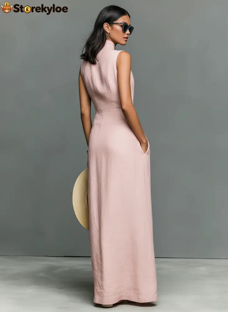 Women’s Minimalist Linen-Blend Stand-Collar Single-Breasted Sleeveless Maxi Dress