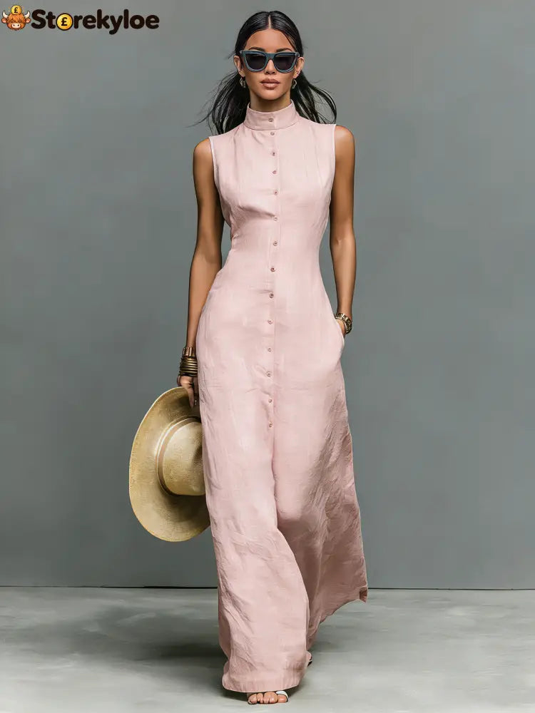 Women’s Minimalist Linen-Blend Stand-Collar Single-Breasted Sleeveless Maxi Dress