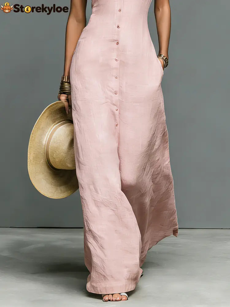 Women’s Minimalist Linen-Blend Stand-Collar Single-Breasted Sleeveless Maxi Dress