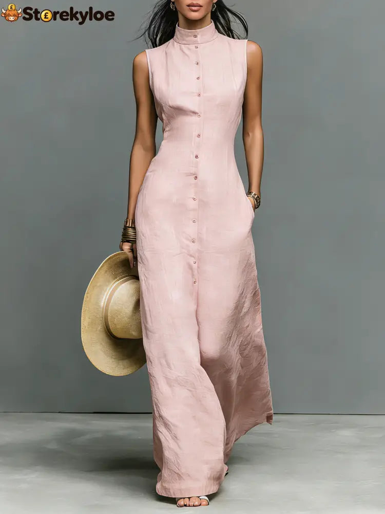 Women’s Minimalist Linen-Blend Stand-Collar Single-Breasted Sleeveless Maxi Dress - Light Pink / XS