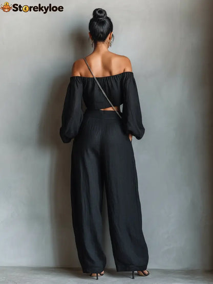 Women’s Minimalist Linen Blend Strapless Long-sleeved Blouse And Wide-leg Pants Set