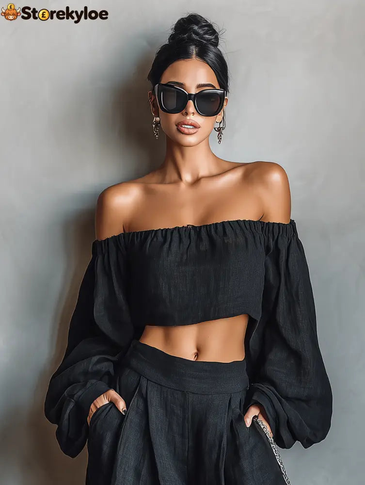 Women’s Minimalist Linen Blend Strapless Long-sleeved Blouse And Wide-leg Pants Set