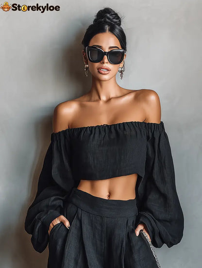 Women’s Minimalist Linen Blend Strapless Long-sleeved Blouse And Wide-leg Pants Set