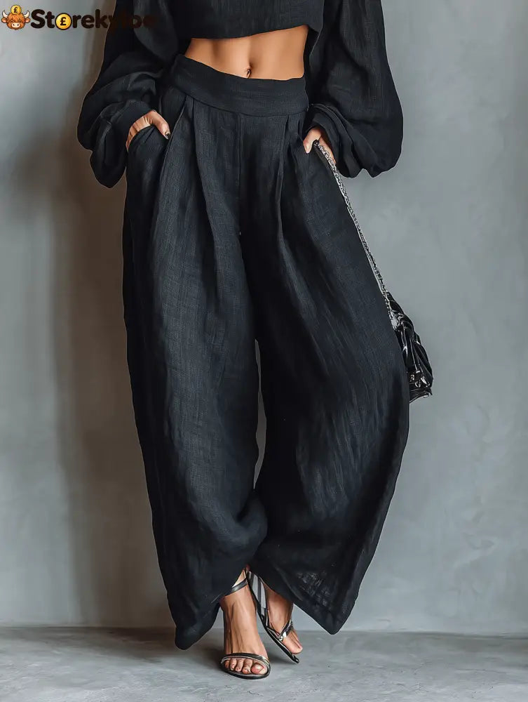 Women’s Minimalist Linen Blend Strapless Long-sleeved Blouse And Wide-leg Pants Set