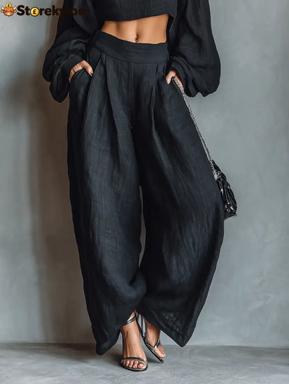Women’s Minimalist Linen Blend Strapless Long-sleeved Blouse And Wide-leg Pants Set