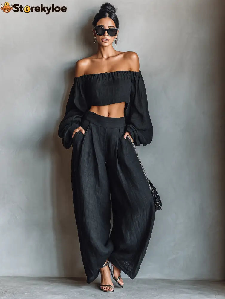 Women’s Minimalist Linen Blend Strapless Long-sleeved Blouse And Wide-leg Pants Set