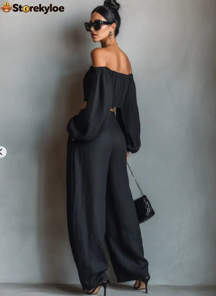 Women’s Minimalist Linen Blend Strapless Long-sleeved Blouse And Wide-leg Pants Set