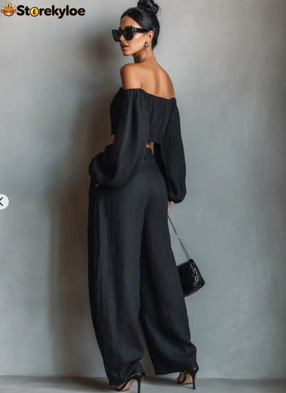 Women’s Minimalist Linen Blend Strapless Long-sleeved Blouse And Wide-leg Pants Set
