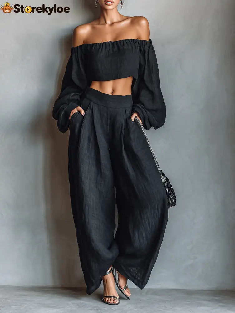 Women’s Minimalist Linen Blend Strapless Long-sleeved Blouse And Wide-leg Pants Set - Black / XS