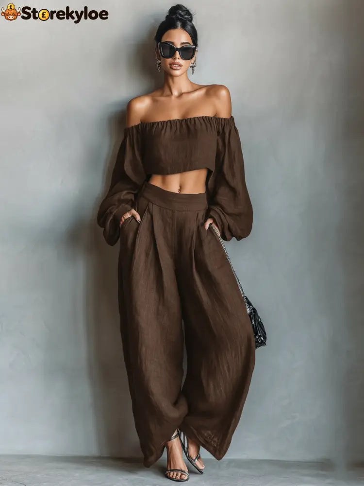 Women’s Minimalist Linen Blend Strapless Long-sleeved Blouse And Wide-leg Pants Set - Brown / XS