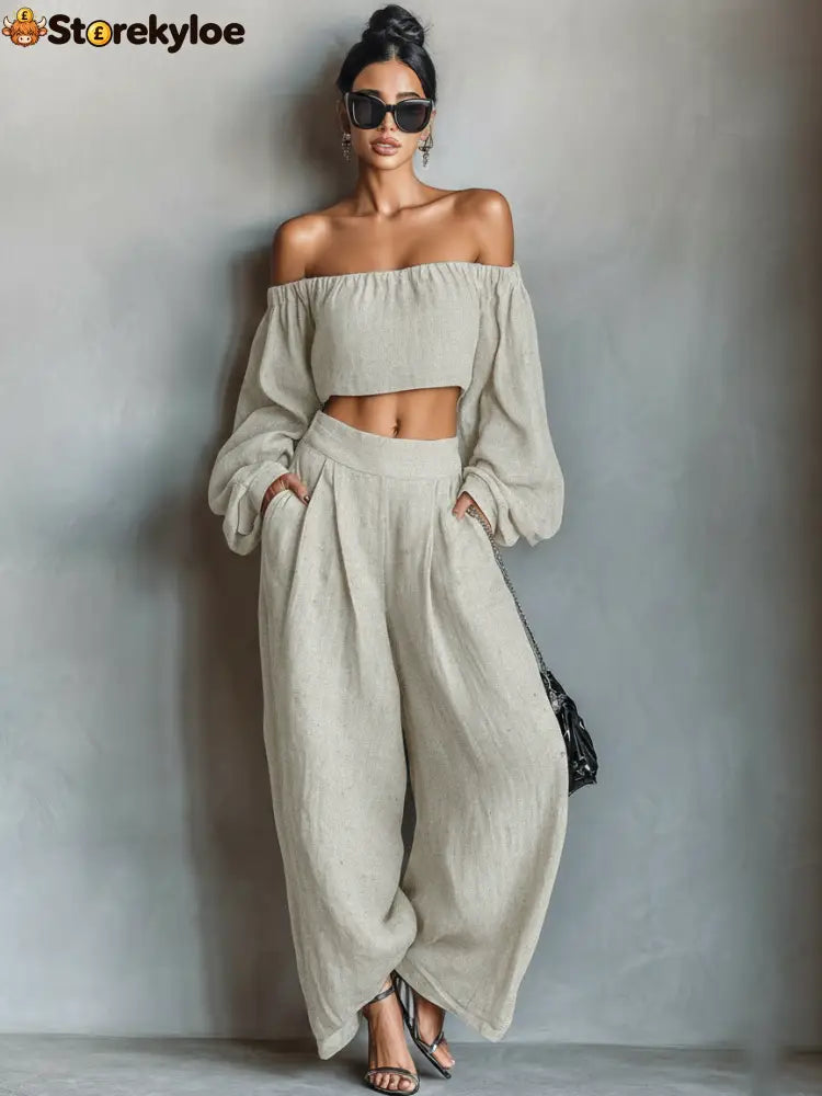 Women’s Minimalist Linen Blend Strapless Long-sleeved Blouse And Wide-leg Pants Set - Ivory White / XS