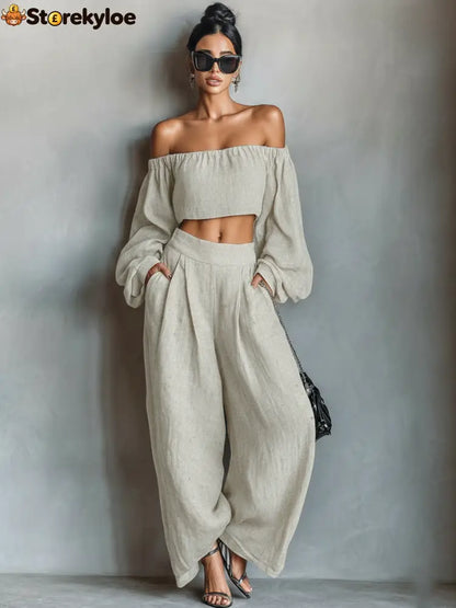 Women’s Minimalist Linen Blend Strapless Long-sleeved Blouse And Wide-leg Pants Set - Ivory White / XS
