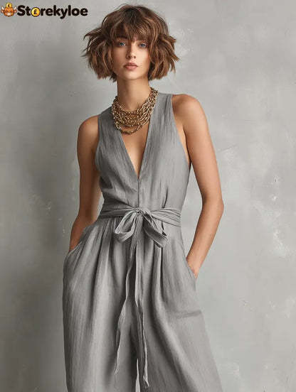 Women’s Minimalist Linen-Blend Zippered V-Neck Sleeveless Belted Jumpsuit
