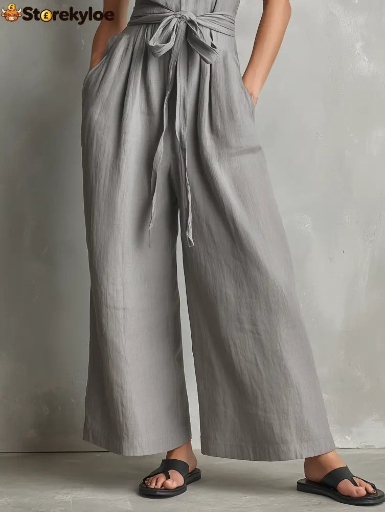 Women’s Minimalist Linen-Blend Zippered V-Neck Sleeveless Belted Jumpsuit