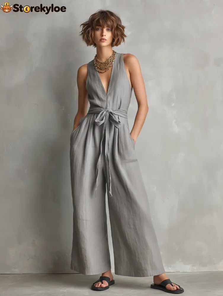 Women’s Minimalist Linen-Blend Zippered V-Neck Sleeveless Belted Jumpsuit
