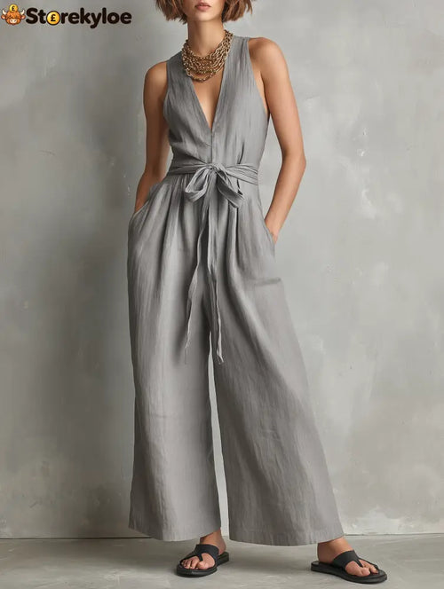 Women’s Minimalist Linen-Blend Zippered V-Neck Sleeveless Belted Jumpsuit - Gray / XS