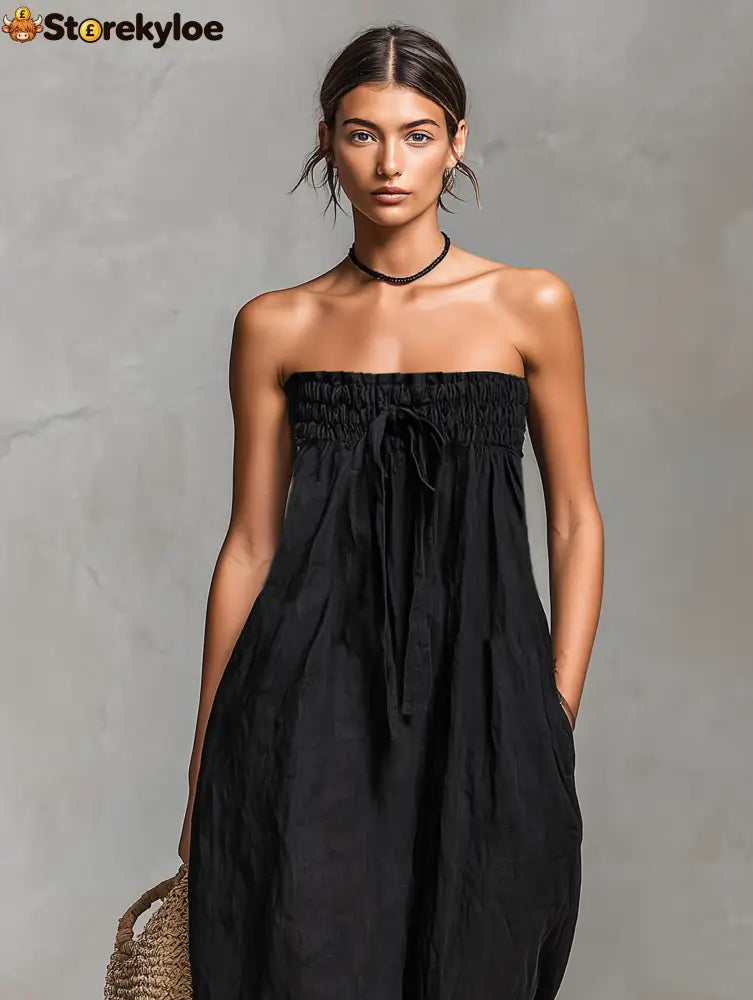 Women’s Minimalist Loose-fitting Linen Blend Strapless Jumpsuit With Tie Closure