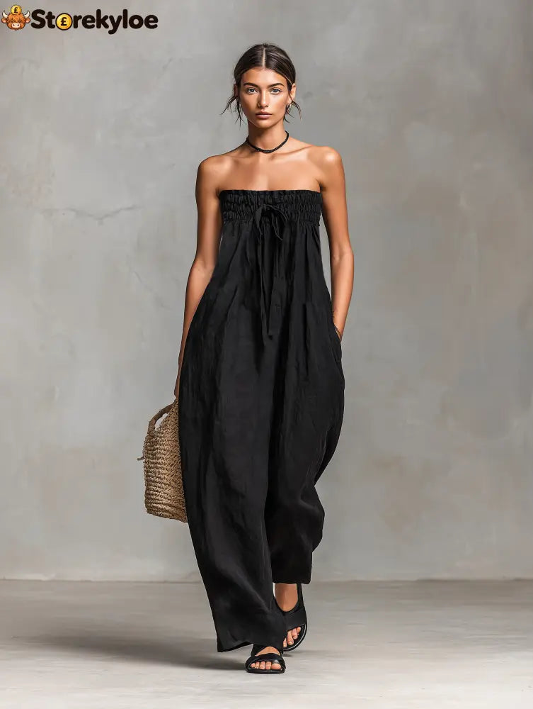 Women’s Minimalist Loose-fitting Linen Blend Strapless Jumpsuit With Tie Closure