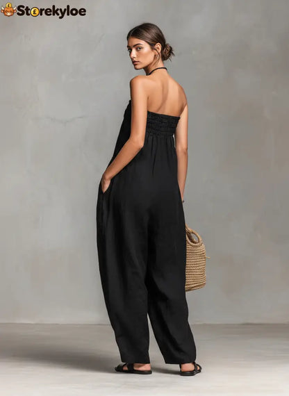 Women’s Minimalist Loose-fitting Linen Blend Strapless Jumpsuit With Tie Closure