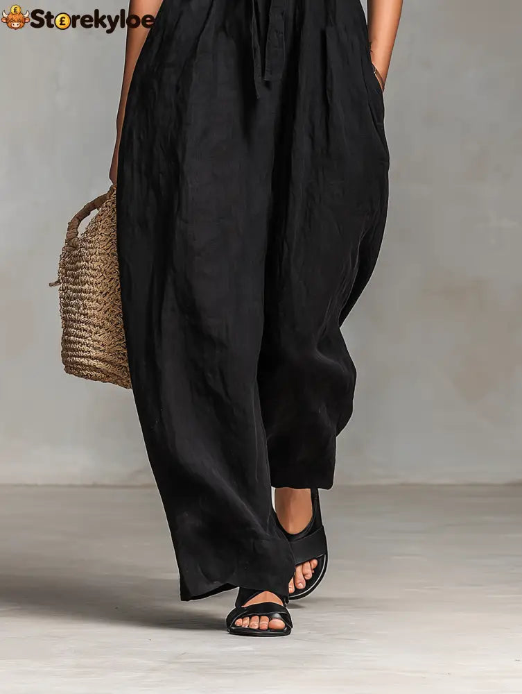 Women’s Minimalist Loose-fitting Linen Blend Strapless Jumpsuit With Tie Closure