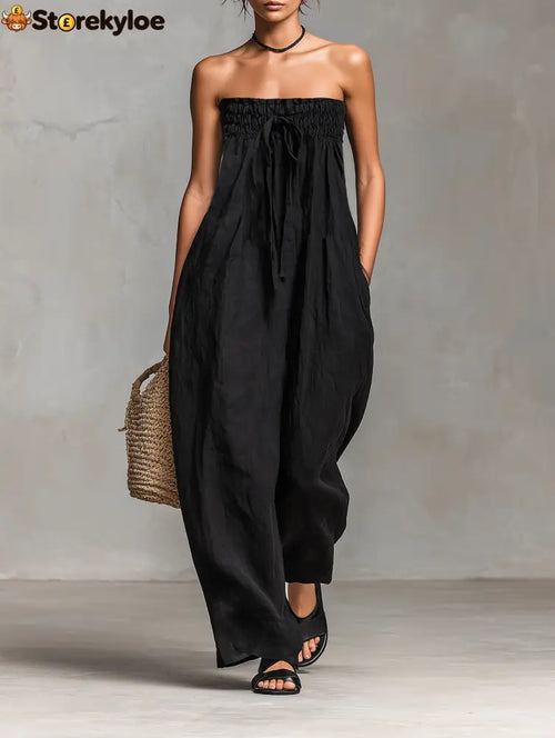 Women’s Minimalist Loose-fitting Linen Blend Strapless Jumpsuit With Tie Closure - Black / XS
