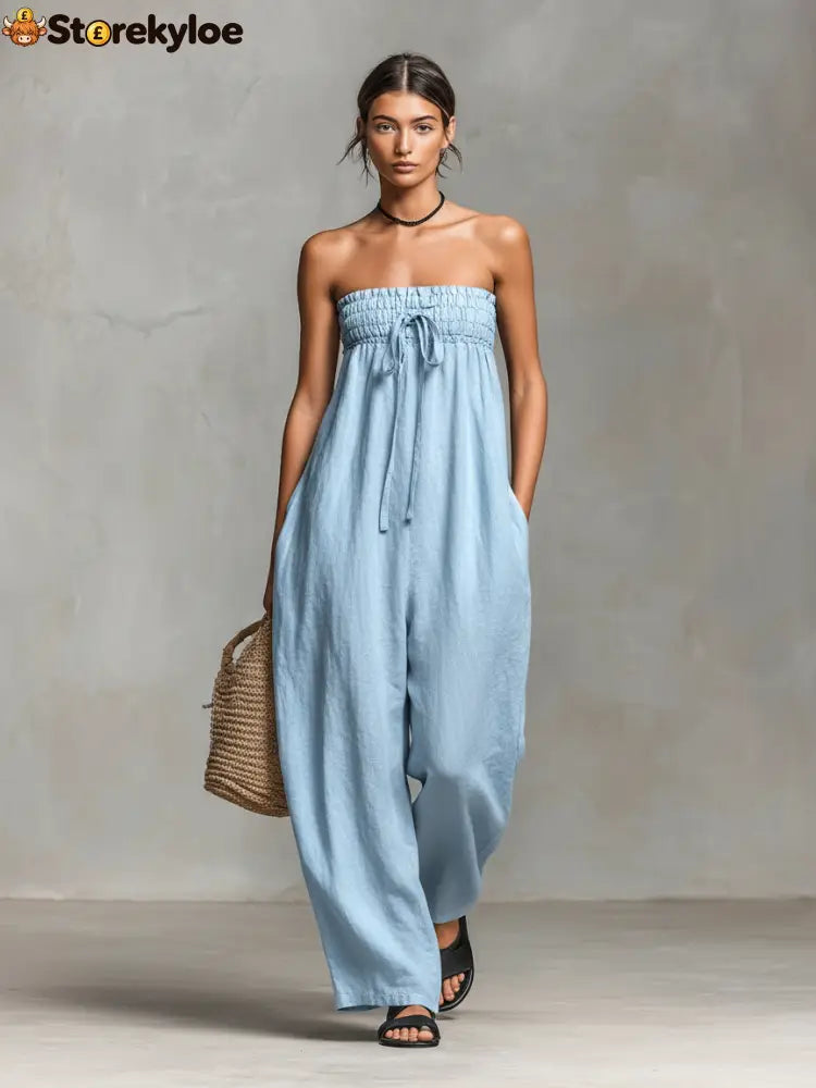 Women’s Minimalist Loose-fitting Linen Blend Strapless Jumpsuit With Tie Closure - Light Blue / XS