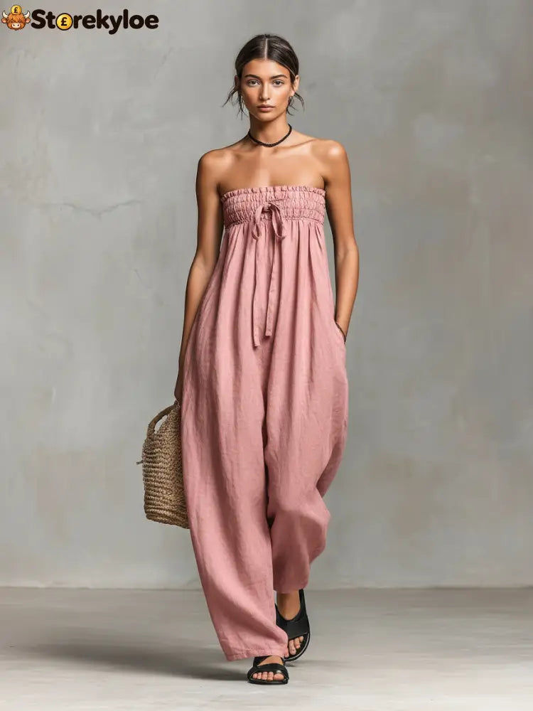 Women’s Minimalist Loose-fitting Linen Blend Strapless Jumpsuit With Tie Closure - Light Pink / XS
