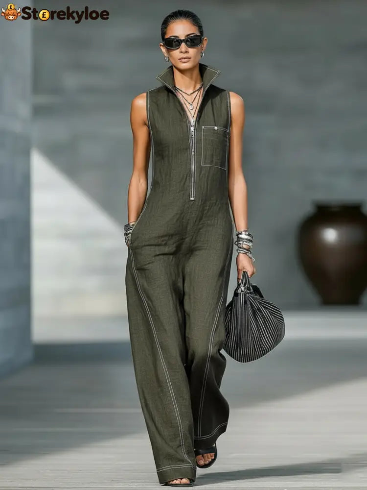 Women’s Minimalist Loose-fitting White Trim Sleeveless Jumpsuit - Army Green / XS