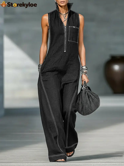 Women’s Minimalist Loose-fitting White Trim Sleeveless Jumpsuit - Black / XS